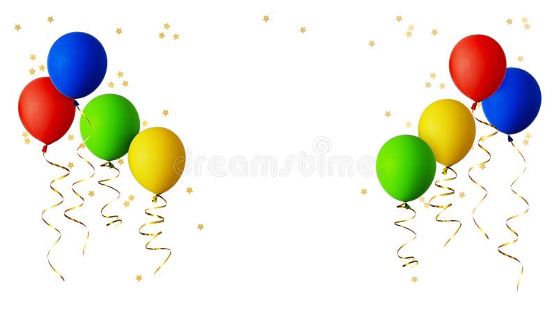 Globos rojos, azules, verdes y amarillos con las cintas y la estrella del oro imágenes de archivo libres de regalías Globos rojos, azules, verdes y amarillos con las cintas y la estrella del oro imágenes de archivo libres de regalías