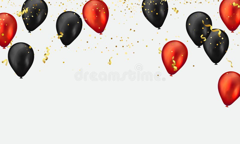 Globos Rojos Negros Y Dorados Y Confeti Dorado. Vector Brillante