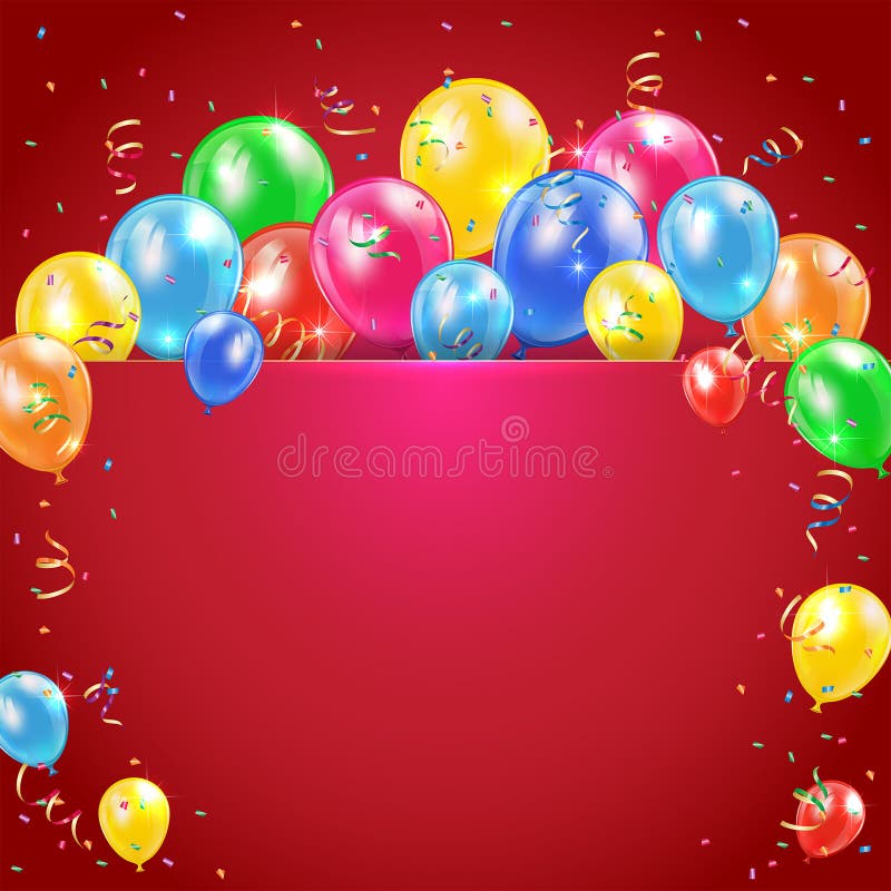 Globos y flámula en fondo rojo stock de ilustración Globos y flámula en fondo rojo stock de ilustración