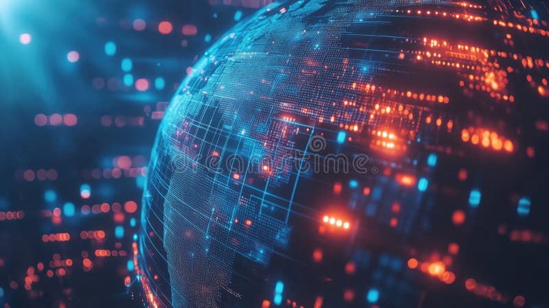 Globul digital cu conexiuni de date strălucitoare, lumini vibrante albastru și portocaliu stock photography
