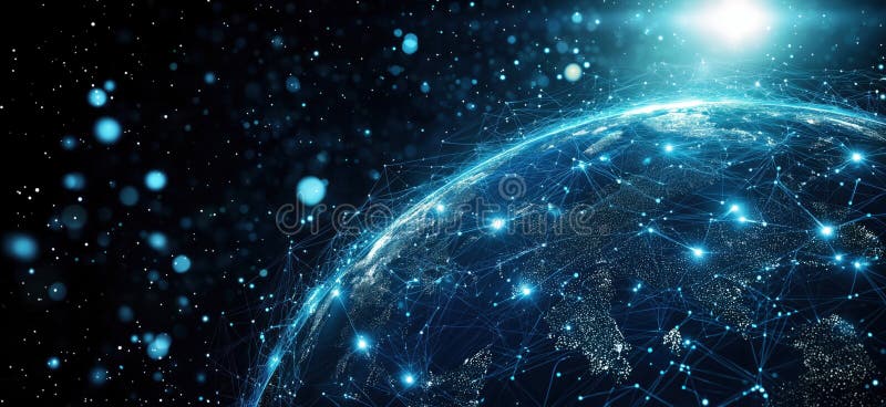 Globul digital cu rețele interconectate și particule strălucitoare în spațiu stock images