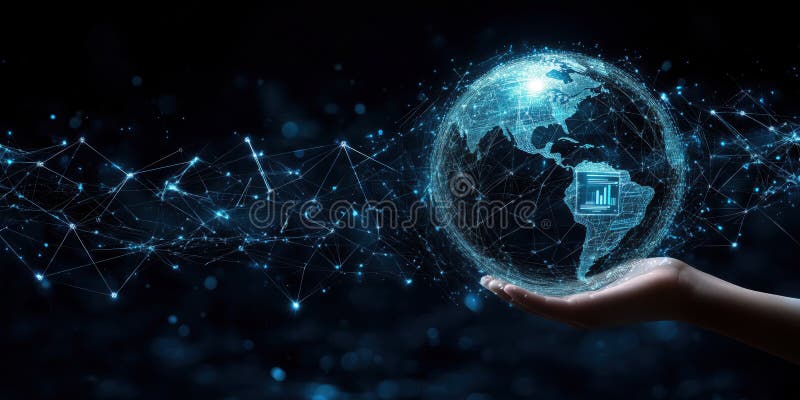 Globul digital strălucitor cu rețele interconectate este ținut manual, simbolizând globul global stock illustration