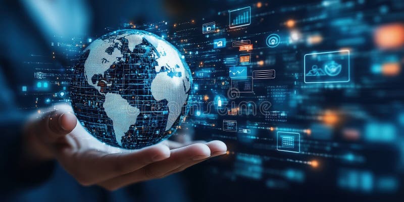 Globul digital strălucitor, înconjurat de imagini cu date futuriste vector illustration