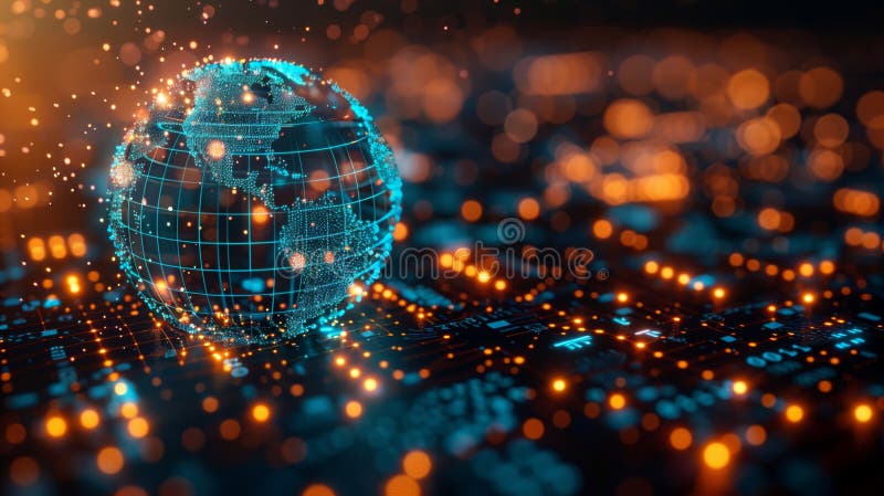 Globus cyfrowy high-tech wyświetla sieć sieciową wypełnioną oświetlonymi punktami danych symbolizującymi globalną łączność i cyfro ilustracji