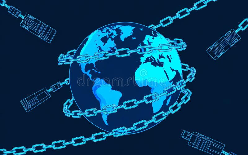 Globus cyfrowy z łańcuchami i złączami reprezentującymi łączność globalną ilustracja wektor