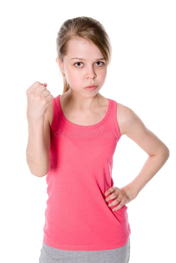 Gloomy portrait young girls, shows fist