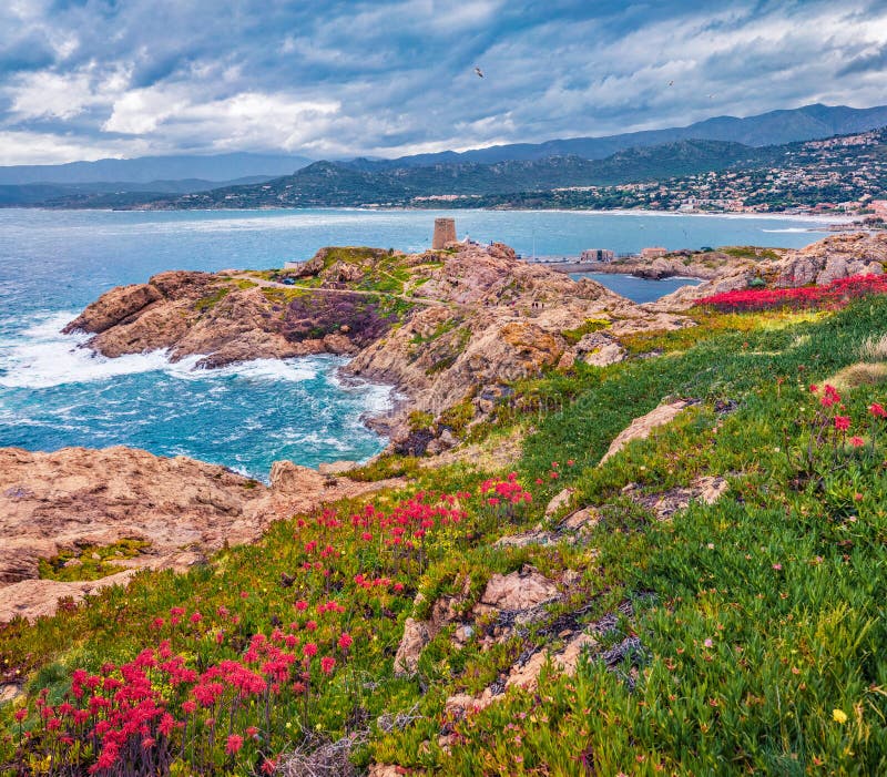 Gloomy summer view of de la Pietra cape with Genoise de la Pietra a L`ile-Rousse tower on background. Fresh morning scene of Cors