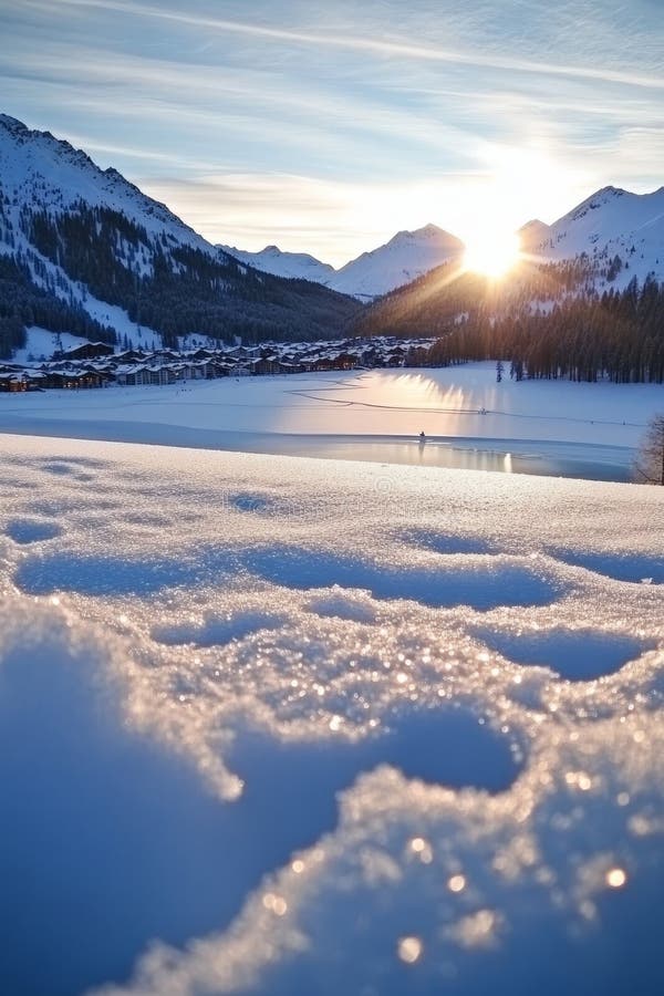 Gloria invernale con pali ricoperti di neve e lago congelato al tramonto illustrazione di stock