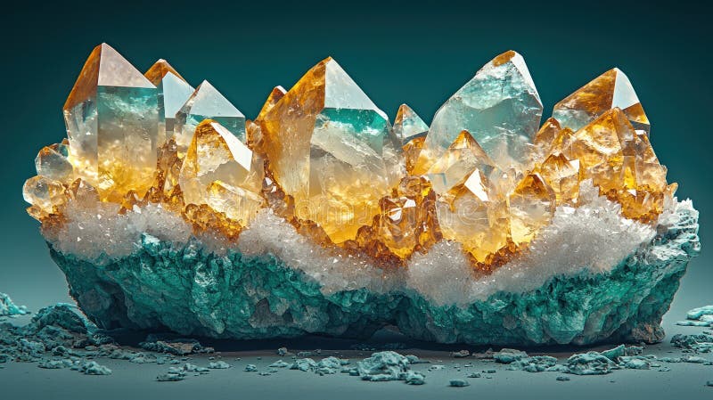 Gloserande citrinkluster i bakgrunden. Gloling av Citrine Cluster på Teal Background Generative AI