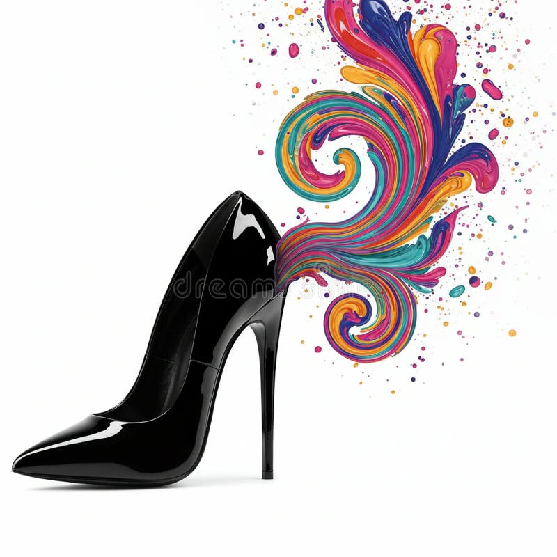A glossy black stiletto heel is depicted with vibrant, swirling colors emanating from vector illustration