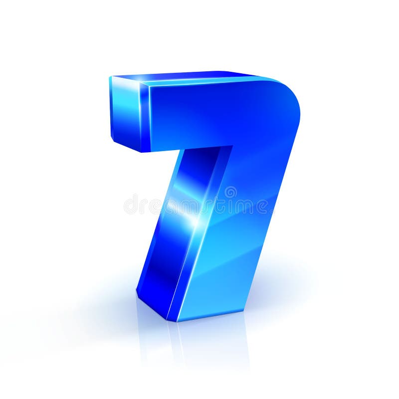 Glossy blue Seven 7 number. 3d Illustration on white background.