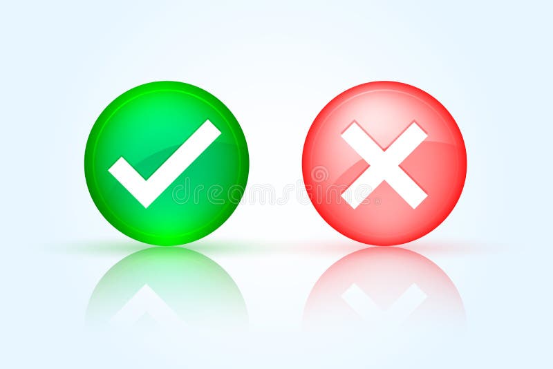 Glossy check mark and cross button in round shape stock illustration