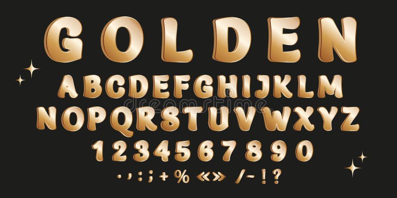 Glossy 3D realistisches y2k Alphabet luxuriöse goldene Schriftart Metallic Design des englischen Alphabets stock abbildung