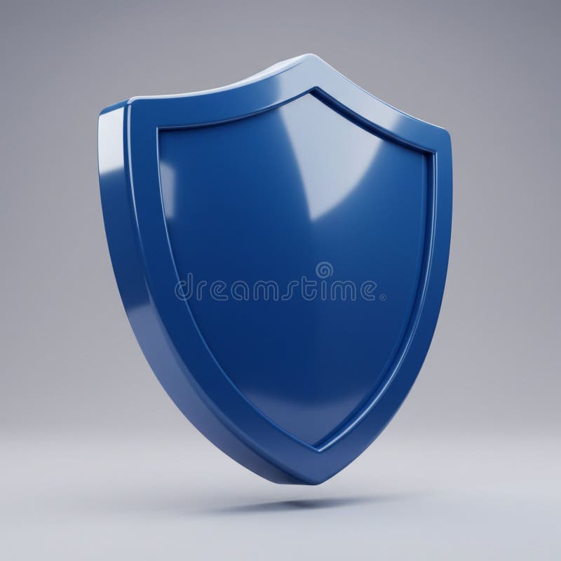 A glossy, dark blue shield with a smooth surface and curved edges. The shield has a royalty free illustration