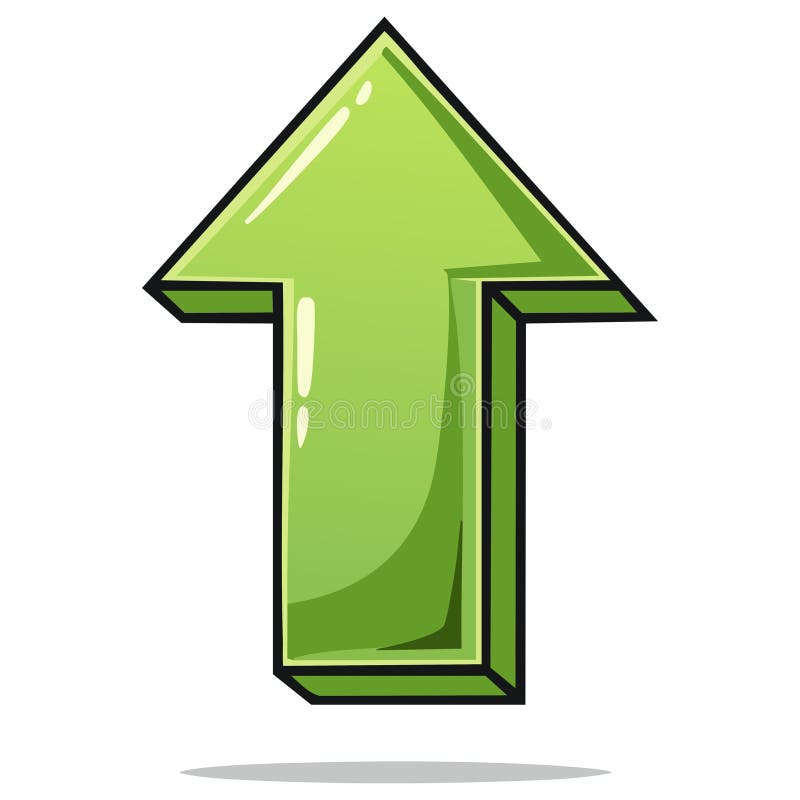 Glossy green arrow pointing upwards with a 3D effect and shadow stock illustration