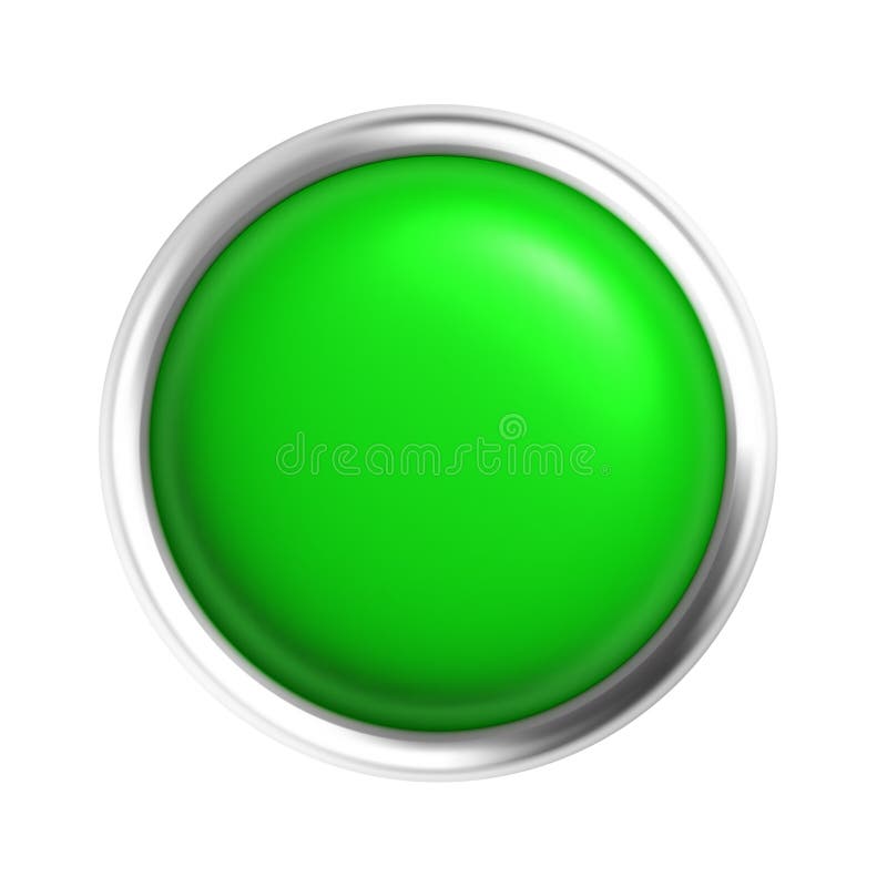 Glossy Green Button with Metallic Silver Frame Isolated on White Background, Shiny Round Push Button Symbolizing stock illustration