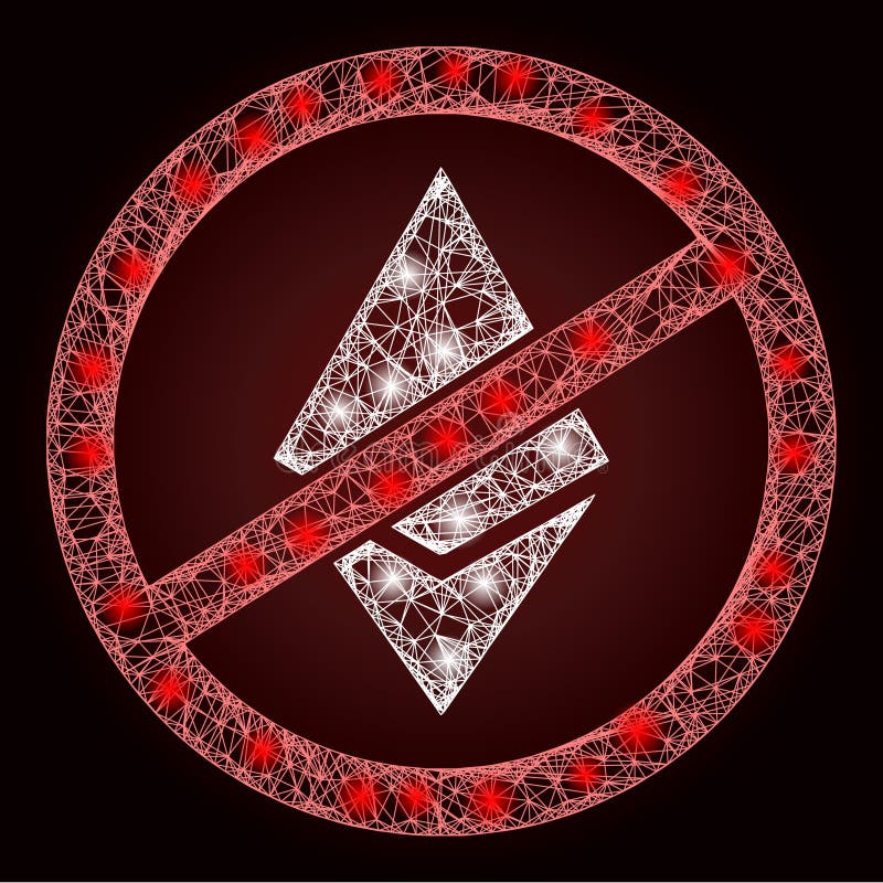 Constellation net mesh no ethereum with light spots on a dark red gradient background. Vector frame created from no ethereum icon, and with hatched lines. Glowing carcass hatched mesh no ethereum.