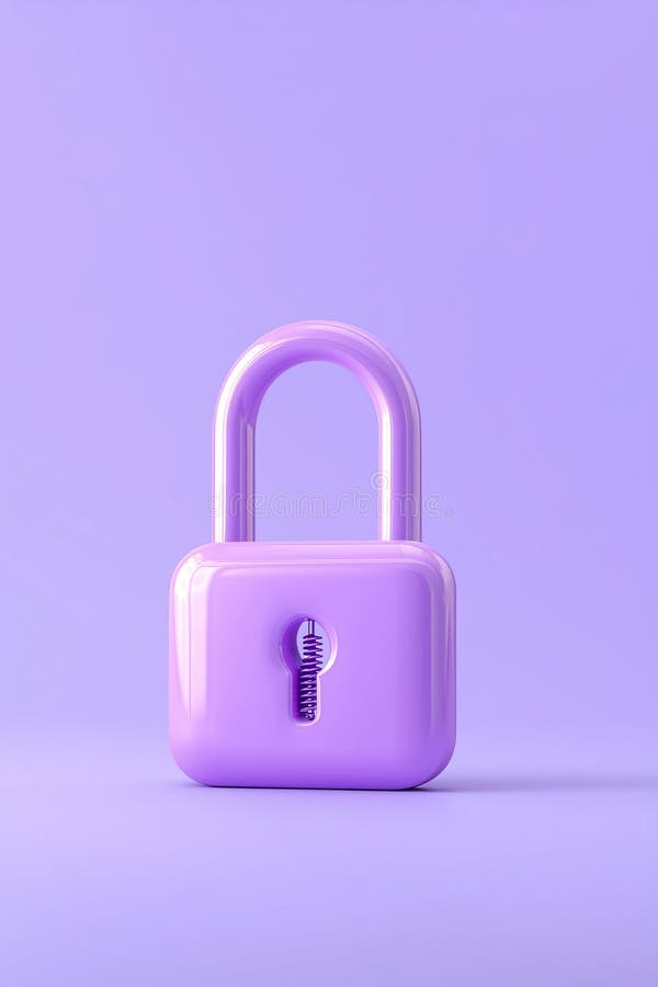 A glossy, lilac-colored padlock with a stylized keyhole sits against a matching background. Minimalism and security are the main royalty free illustration