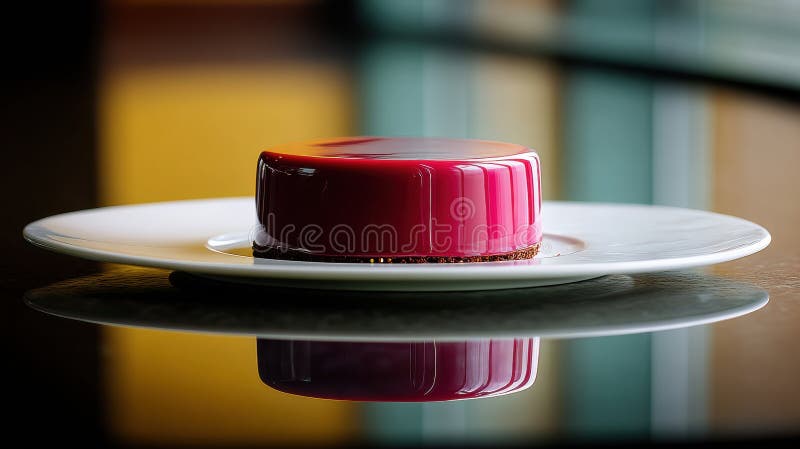 Glossy Mirror Glaze Mousse Cake på ett minimalistiskt plastreflekterande ljus i en ljusinställning royaltyfria bilder