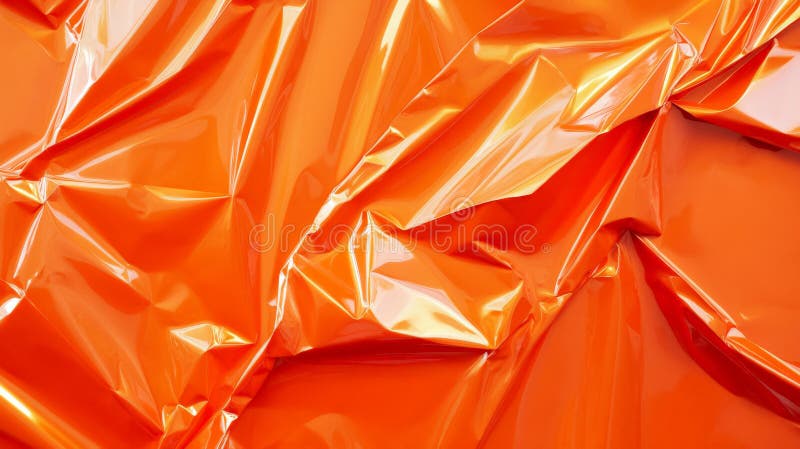 A glossy orange plastic poster with irregular creases and sharp folds. The bright, reflective stock photography