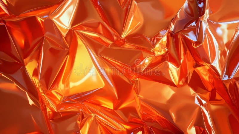 A glossy orange plastic poster with irregular creases and sharp folds. The bright, reflective stock photography