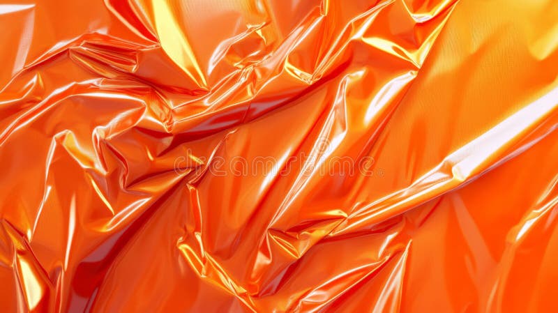 A glossy orange plastic poster with irregular creases and sharp folds. The bright, reflective stock image