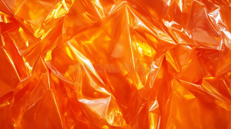 A glossy orange plastic poster with irregular creases and sharp folds. The bright, reflective surface creates an abstract, bold texture with intense highlights. AI generated