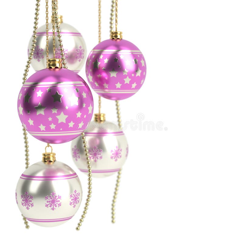 Glossy Pink Christmas Bulbs on White Background. 3D Render Stock