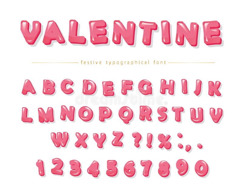 Glossy pink decorative font. Cartoon ABC letters and numbers. Perfect for Valentine s day cards, cute design for girls.