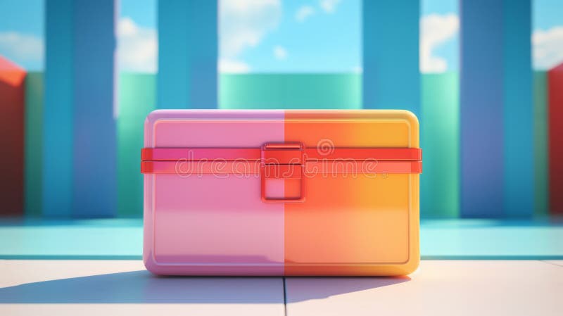 Cutie roz strălucitor și portocalie, lipită de pereții colorați abstracți și de fundalul albastru-noros. culori cyan roșu pastel vector illustration