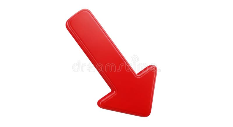 Red arrow pointing down diagonally, direction indicator, 3d rendering vector illustration