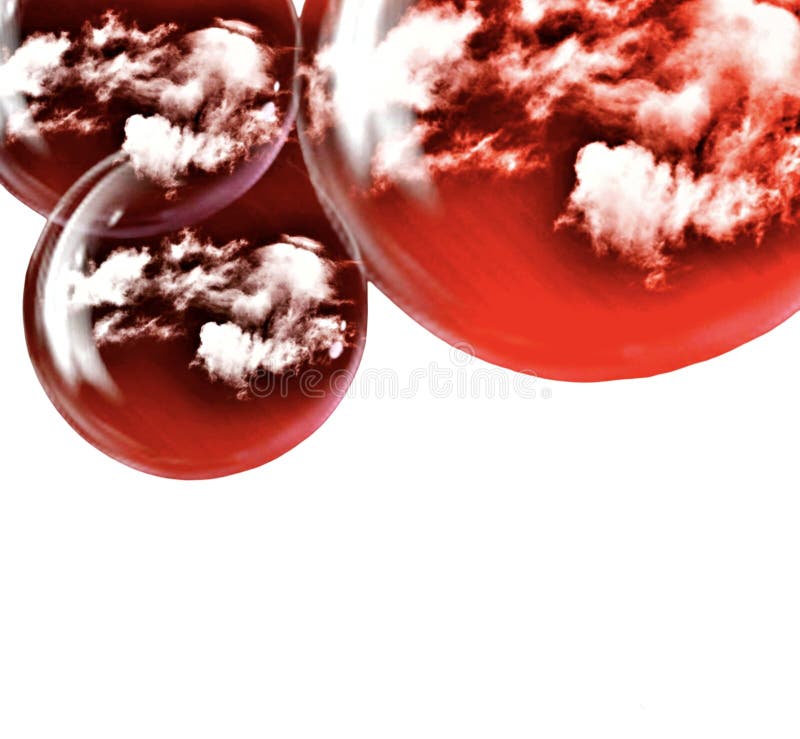 Glossy red bubbles reflecting clouds on a plain white background with copy space. stock illustration