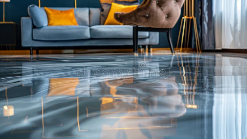 A glossy reflective epoxy resin floor adds an unexpected element to the room with its glossy finish reflecting the furniture and decor in the space. The smooth surface also enhances . AI generated