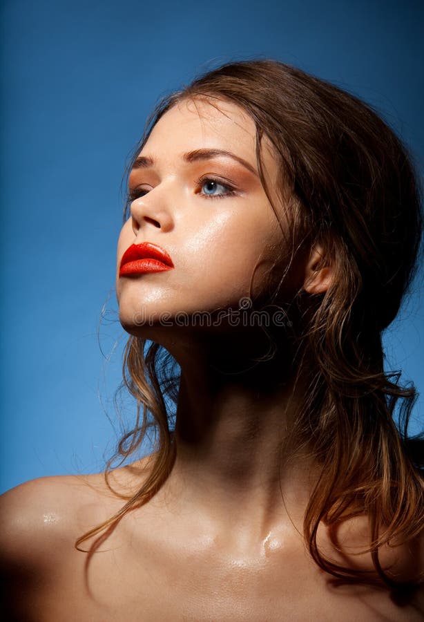 Glossy Skin, Red Lips and Curly Hair Stock Image Image of woman, hair