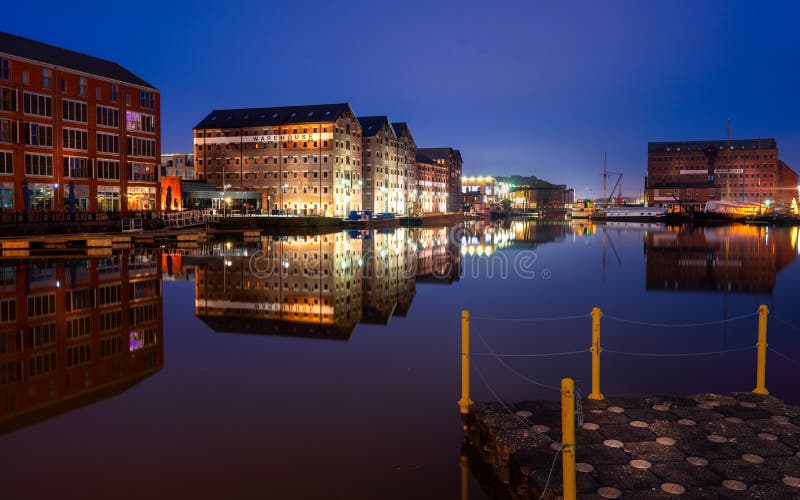 Gloucester Docks on Sharpness Canal. Warehouse Apartments Reflected in
