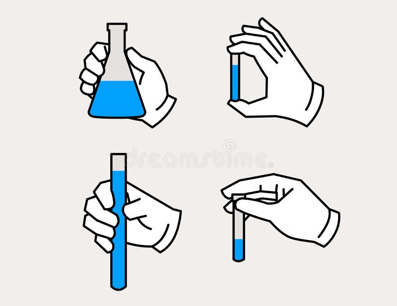 Gloved hand holding flask and test tube icons