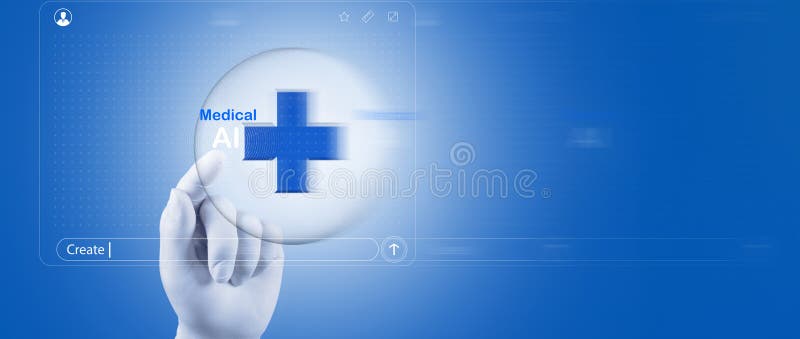 A gloved hand interacts with a digital interface displaying a blue cross stock photography