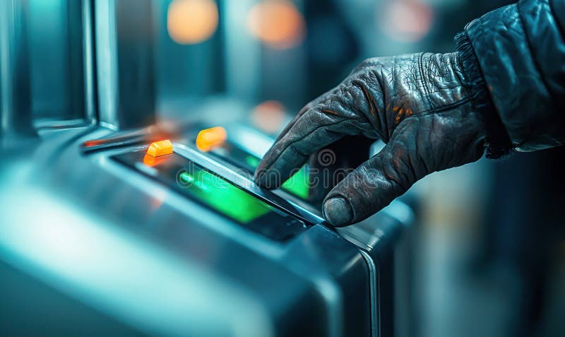 A gloved hand interacts with a modern metal interface, illuminated by digital displays and control buttons. stock photography