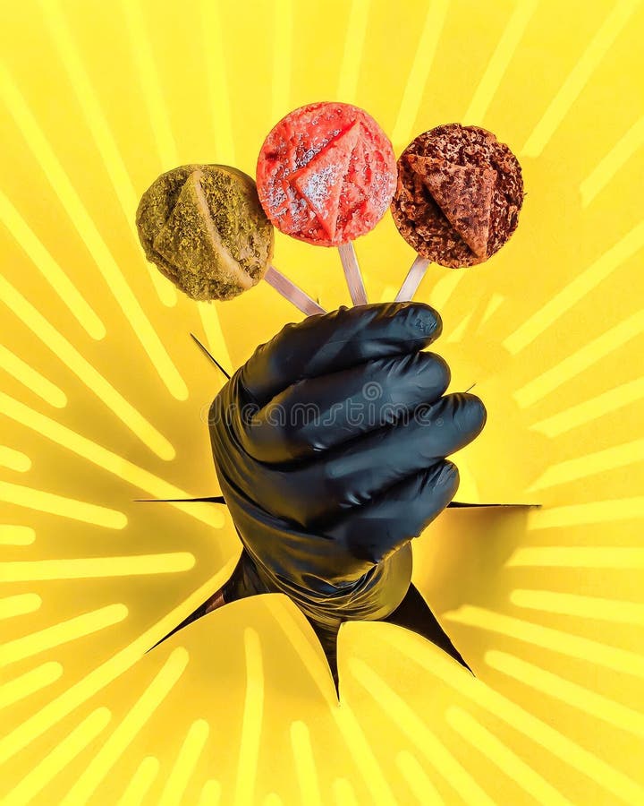 A gloved hand reaches through a yellow paper background with radiating lines, holding three colorful popsicles on sticks vector illustration