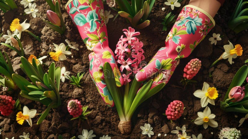Gloved hands planting bulbs among a vibrant array of spring flowers.. royalty free stock images.