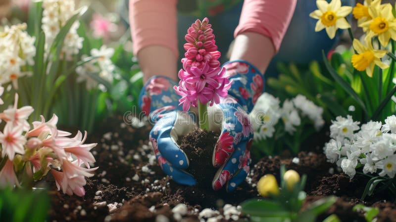Gloved hands planting bulbs among a vibrant array of spring flowers.. stock photography.