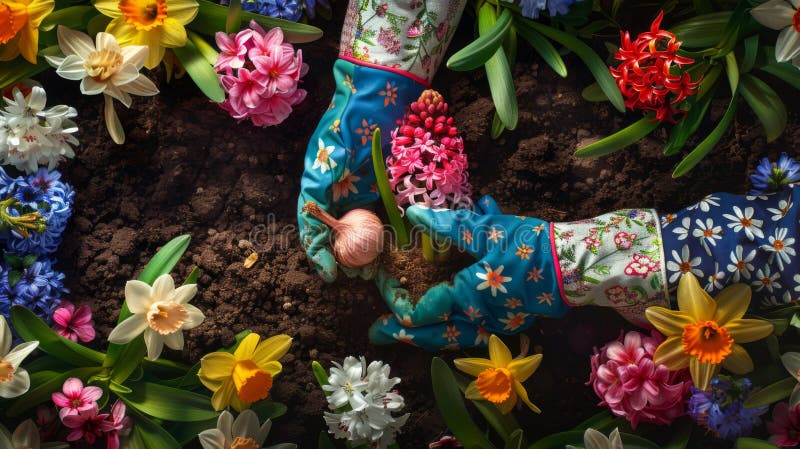 Gloved hands planting bulbs among a vibrant array of spring flowers.. royalty free stock photo.