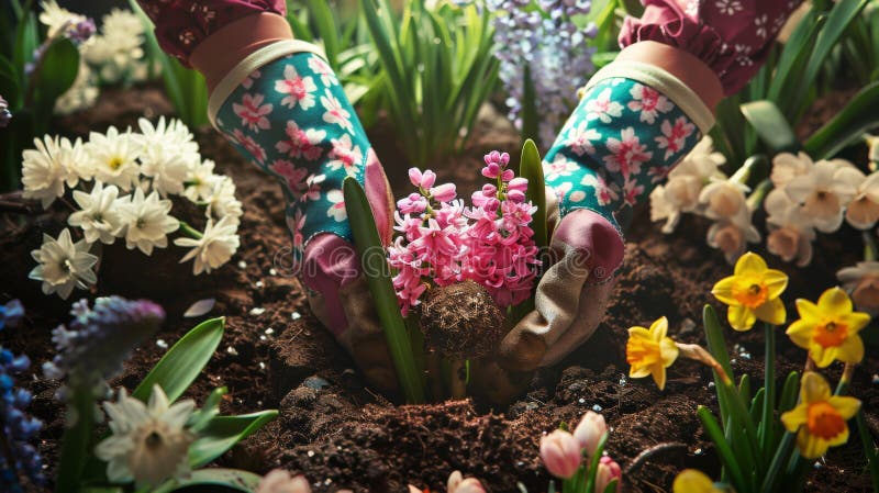 Gloved hands planting bulbs among a vibrant array of spring flowers.. royalty free stock images.