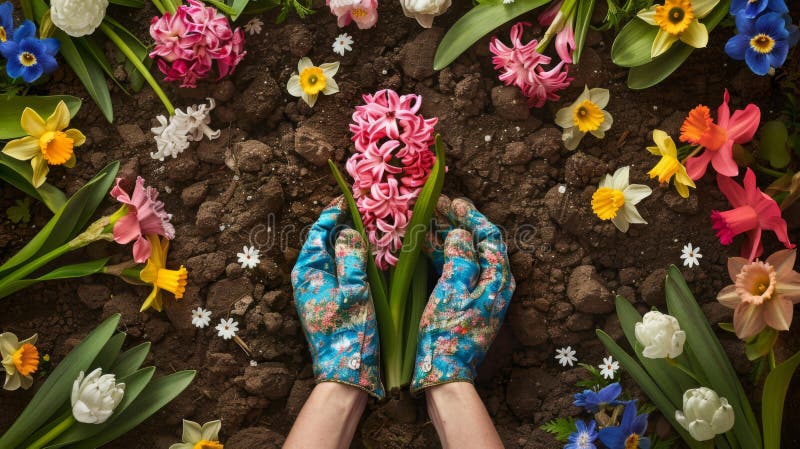 Gloved hands planting bulbs among a vibrant array of spring flowers.. stock photography.