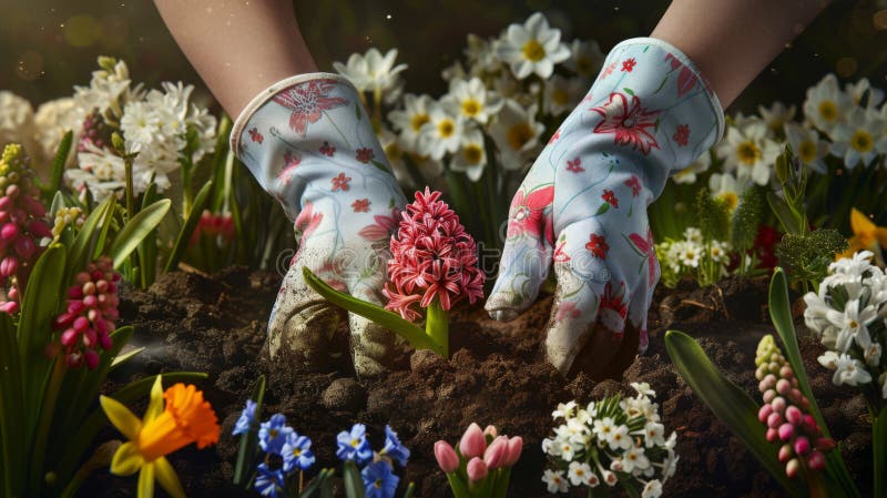 Gloved hands planting bulbs among a vibrant array of spring flowers.. stock images.