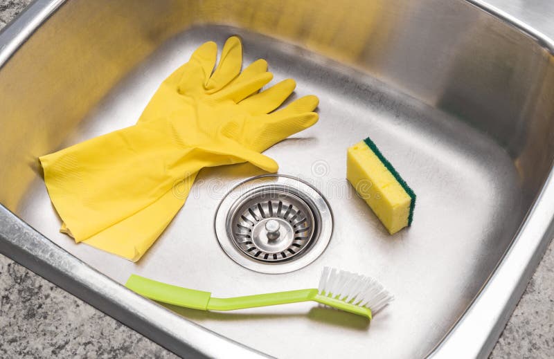 Gloves, Sponge and Brush in a Clean Kitchen Sink Stock Image - Image of  chores, bright: 28035171