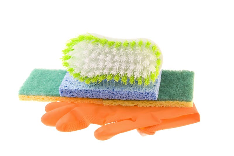 Gloves Sponges and Cleaning Brush Stock Photo Image of blue, orange
