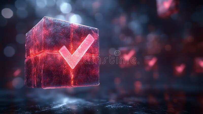 Glow check mark in a transparent cube, digital art, vibrant colors, abstract design vector illustration