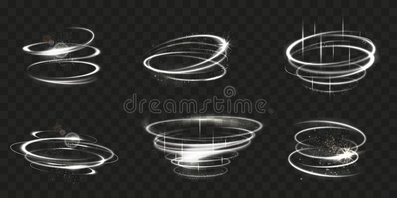Glow effect. Spin line. Light ring motion or circular swirl. Circle and oval spirals. Round flare speed blur. Vortex vector illustration