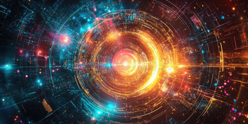 Glow Network Abstract: Interconnected Nodes and Lines with Warm, Golden Light on a Dark Background stock illustration